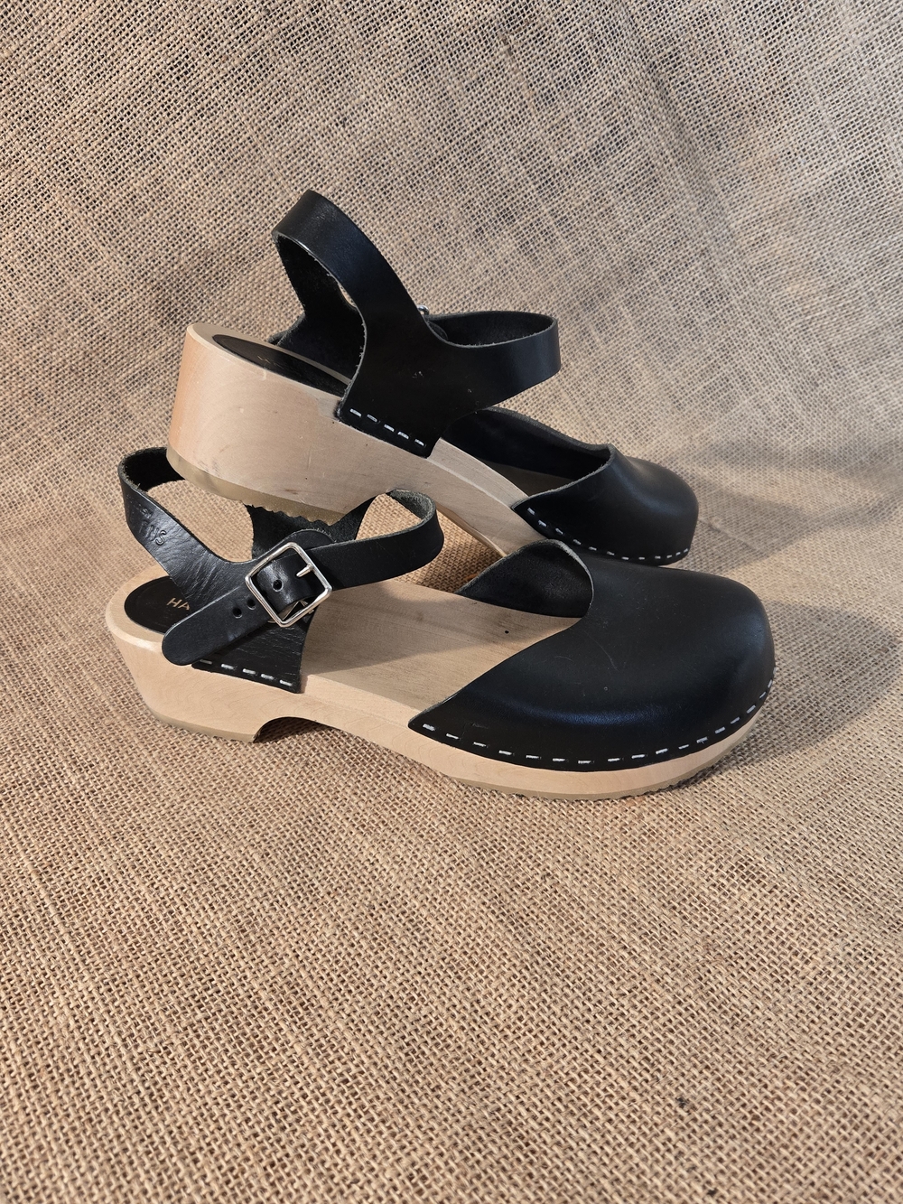 Swedish Hasbeens Black Leather Mary Jane Clogs with Natural Wood Sole